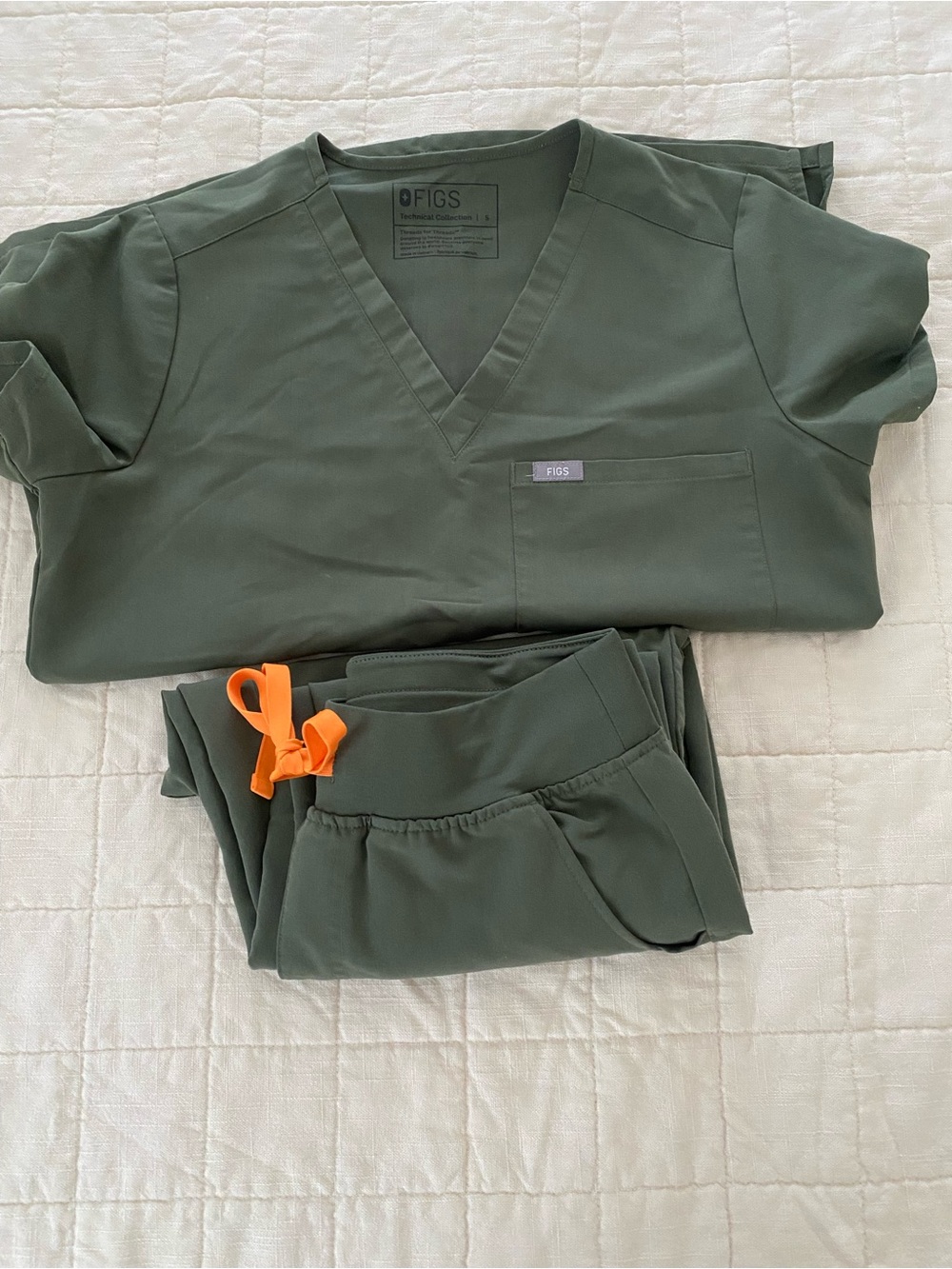 Figs Olive Green Scrub Top and Jogger Pants with Orange Drawstring